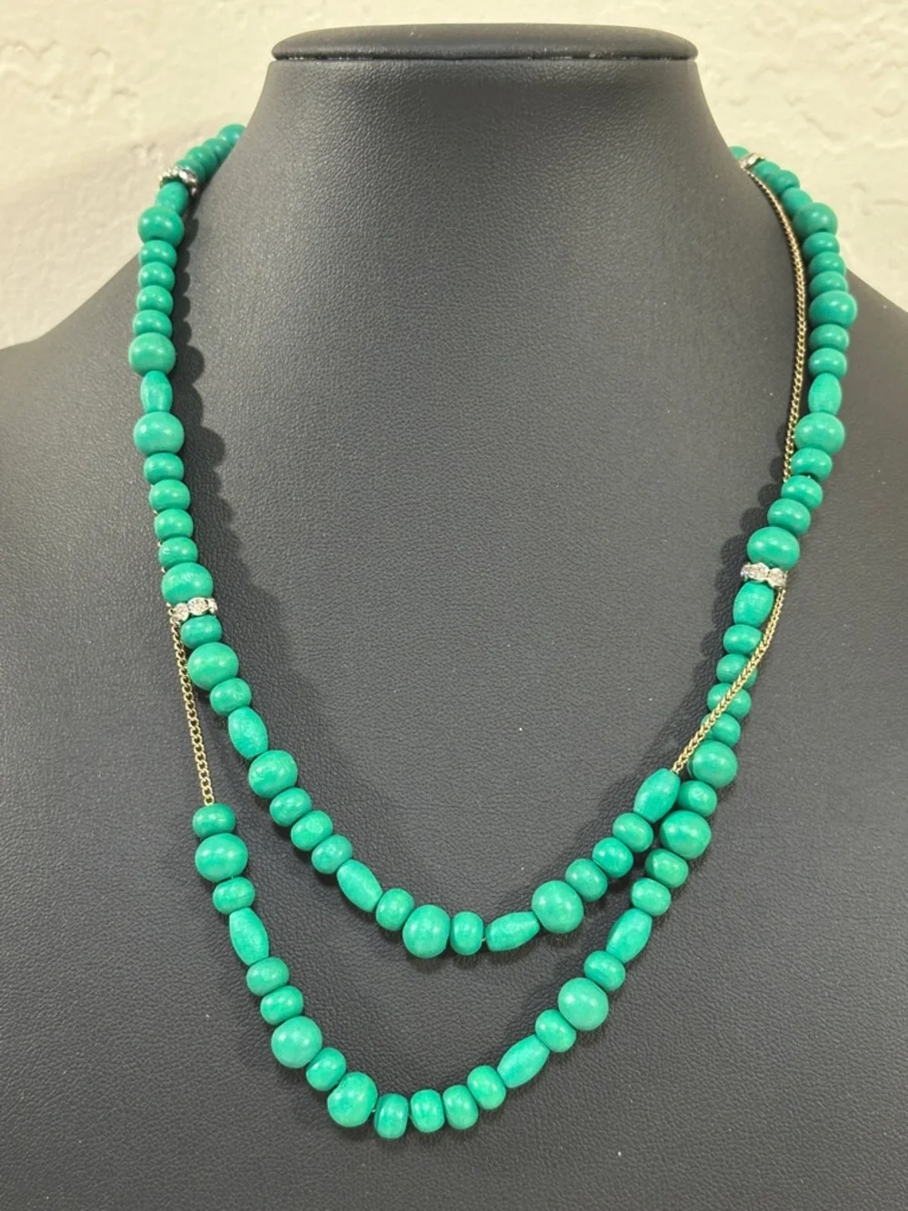 J Crew Factory Floating Wood Green Bead Rhinestone Spacer Necklace